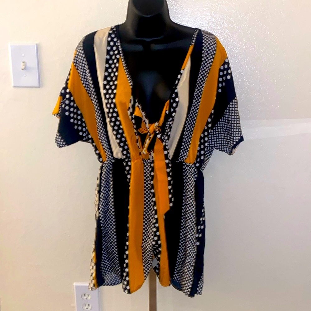SHEIN Polka Dot & Striped Print Knot Front Romper